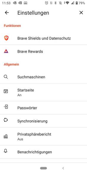 Screenshot Brave-Einstellungen auf dem Smartphone