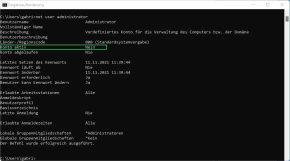 Screenshot net user Befehl in der Eingabeaufforderung