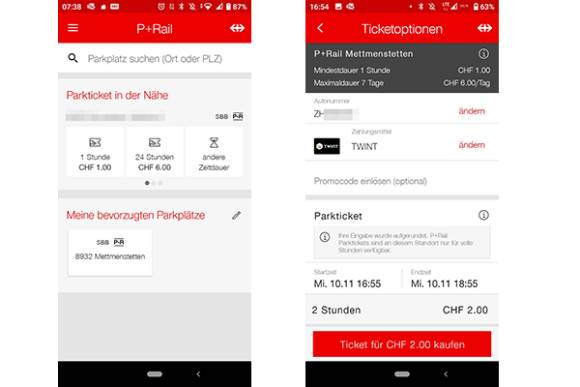 Zwei Screenshots P+Rail-App auf dem Smartphone 