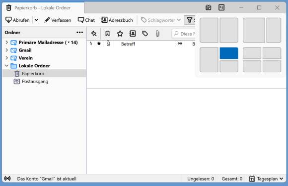 Thunderbird mit aufgeklappten Snap-Layouts