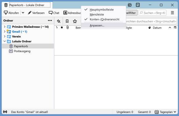 Thunderbird mit geöffnetem Titelleisten-Kontextmenü