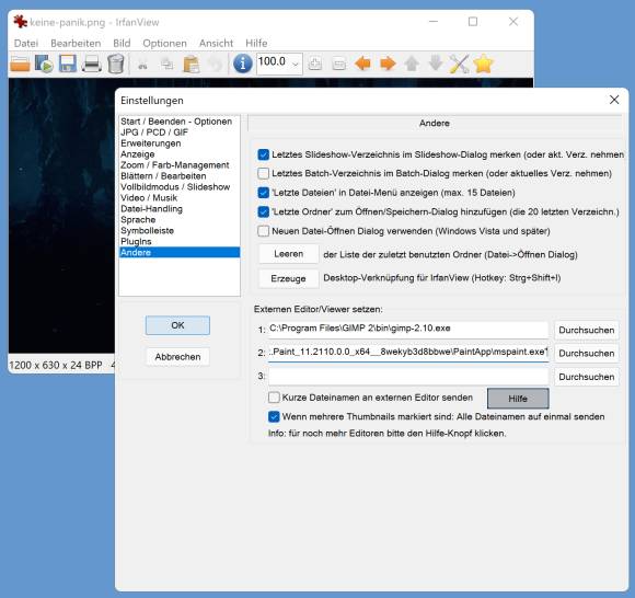 Screenshot Irfanview mit neuem Pfad zu MS Paint