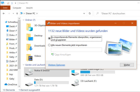 Screenshot Foto-Import unter Windows