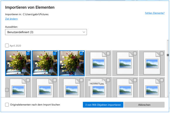 Screenshot Import in der Windows-Fotos-App