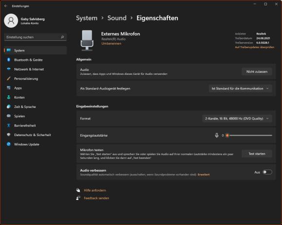 Screenshot Sound-Einstellungen