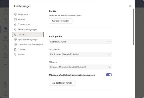 Screenshot Teams-Einstellungen