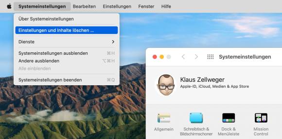 Wie bei Apples Mobilgeräten ist der Befehl in der Nähe der Systemeinstellungen zu finden Screenshot zeigt, wo der Befehl zum Löschen zu finden ist