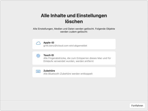 Weg … alles weg Screenshot zeigt, welche Daten bei der Prozedur gelöscht werden