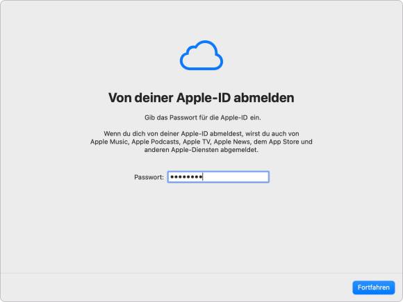 Die Entkoppelung von der Apple-ID ist zwingend erforderlich, damit das Gerät vom neuen Besitzer aktiviert werden kann Screenshot zeigt die Abmeldung bei der Apple-ID durch Eingabe des Kennwortes