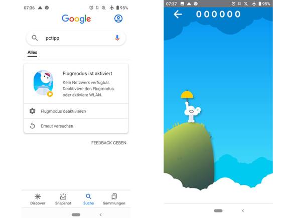 Screenshots Google-App und Start des Spiels 