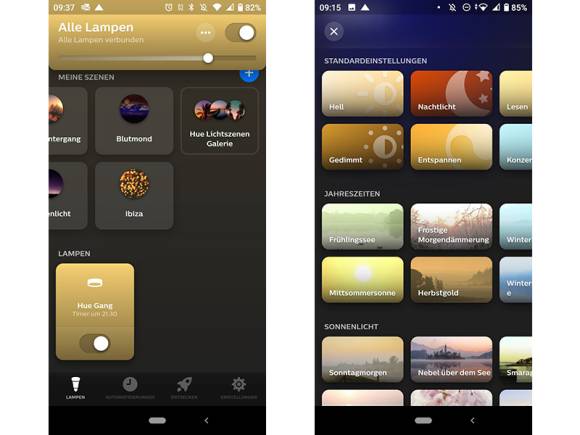 Smartphone-Screenshots Philips Hue Szenen 