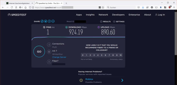 Screenshot Ookla Speedtest