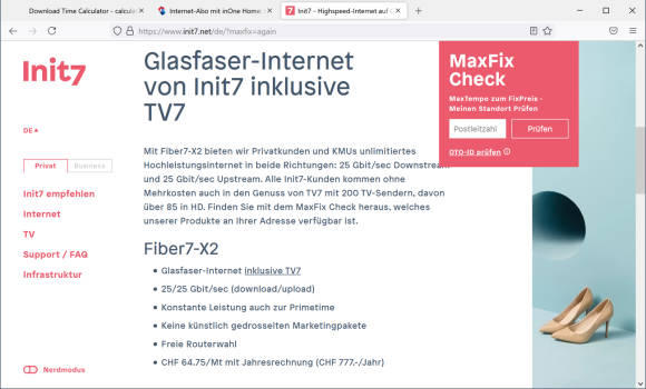 Screenshot Fiber7-Angebot von Init7
