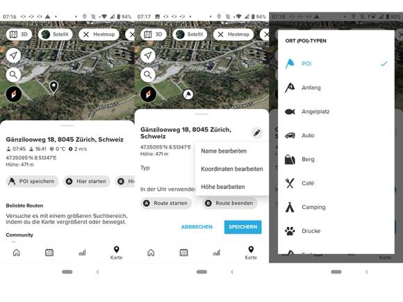 Drei Smartphone-Screenshots zeigen der Weg zur Point-of-Interest-Einstellung 