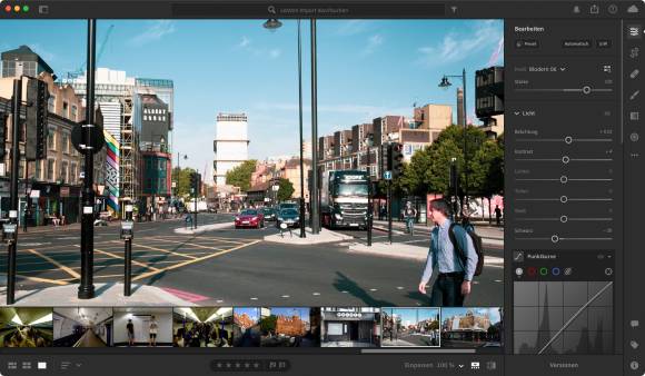 Screenshot der Foto-Software Adobe Lightroom, das Bild zeigt eine belebte Stadt