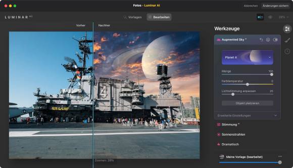 Selbst wenn Luminar A.I. surreale Ergebnisse erlaubt, sind auch dezente, sehr mächtige Werkzeuge für die Veredelung von RAW-Aufnahmen mit an Bord Screenshot der Software Luminar, das Foto eines Flugzeugträgers ist zweigeteilt: auf der linken Seite ohne, auf der rechten Seite mit Effekten