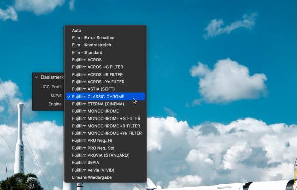 Profile, wie sie in der Kamera für JPEG-Bilder verwendet werden, lassen sich je nach Software auch nachträglich auftragen – so wie hier in Capture One Screenshot mit Farbprofilen, die aus einem Menü angewählt werden können