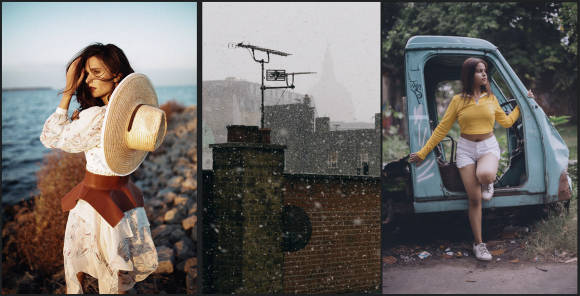 Die Presets von RNI bringen die Anmutung der Analog-Fotografie auf sehr überzeugende Weise zurück Zwei Fotos mit Frauen sowie ein Bild mit Schneefall über den Dächern eines Industriegebietes