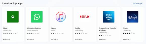 Auswahl an Windows-Store-Apps mit Bewertungen