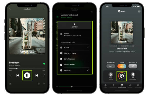 Drei iPhone-Screenshots zeigen die Wiedergabe in Spotify und den Start der Lichtshow in der Philips-Hue-App