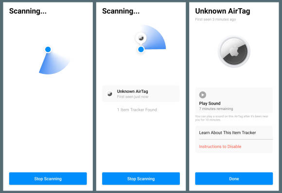 Screenshot zeigt in drei Schritten, wie an einem Android-Smartphone ein AirTag aufgespürt wird