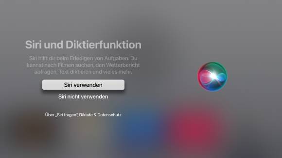 Auf dem Apple TV wird nachgefragt, ob Siri verwendet werden soll