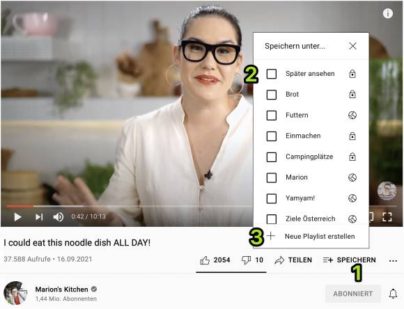 Screenshot zeigt, wie ein Video von YouTube in einer Wiedergabeliste gespeichert wird