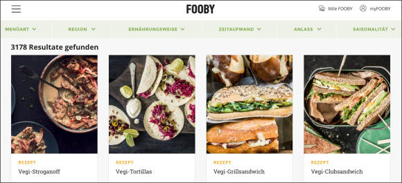 Der Screenshot des Portals Fooby zeigt verschiedene Gerichte