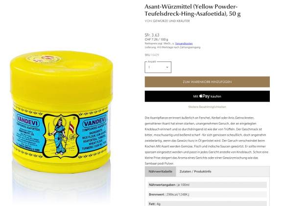Gelbe Gewürzdose mit der Aufschrift «Yellow Powder-Teufelsdreck-Hing-Asafoetida»