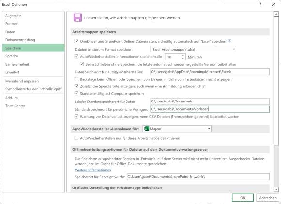 Excel-Speichereinstellungen