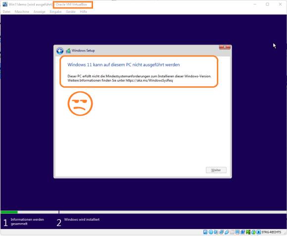 Fehlermeldung in VirtualBox: Windows 11 kann auf diesem PC nicht ausgeführt werden 