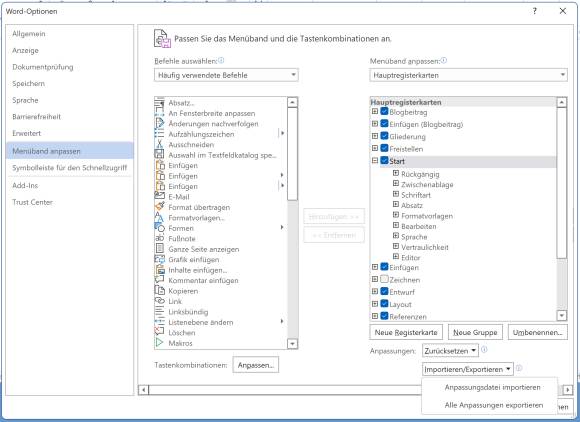 Screenshot Menüband-Einstellungen mit Exportfunktion