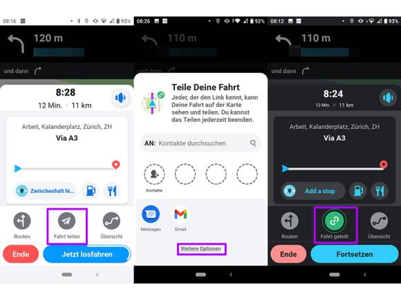 Screenshots aus der Waze-App 