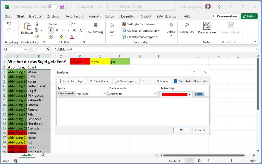Excel Zeilen nach Farbe sortieren pctipp.ch