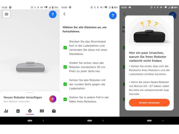 Screenshots aus der Neato-App