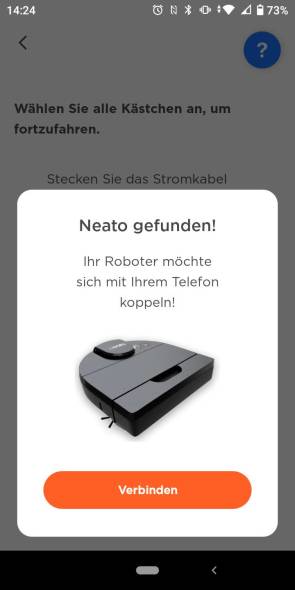 Screenshot: Die Neato-App meldet: Neato gefunden!