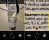 Screenshots Kamera-App mit Zahnpasta-Tube als Sujet, einmal Originalgrösse, einmal 7.4× gezoomt