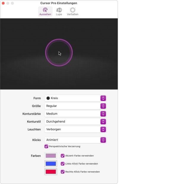 Der Screenshot zeigt die Einstellungen zum Aussehen des Mauszeigers