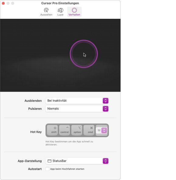 Der Screenshot zeigt die Einstellungen zum Verhalten der Aura bei Inaktivität oder welche Modifikationstasten für die Aktivierung verwendet werden