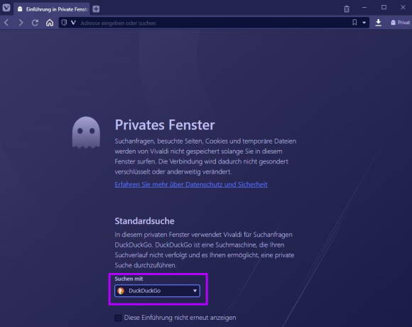 Screenshot des privaten Fensters mit Suchmaschinenauswahl