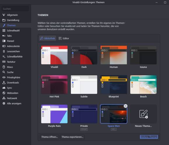 Screenshot mit Auswahl an Vivaldi-Themes