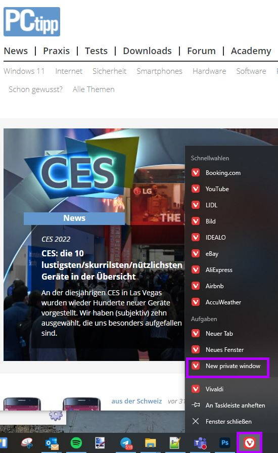 Öffnen Sie ein privates Fenster Screenshot Vivaldi-Menü mit Befehl "New private window"
