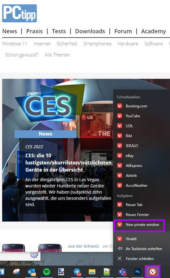 Screenshot Vivaldi-Menü mit Befehl "New private window"