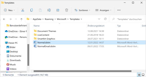 Die Datei Normal.dotm im Vorlagenordner im Explorer