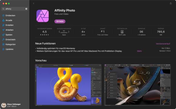 Der Screenshot zeigt den Mac App Store mit Affinity Photo