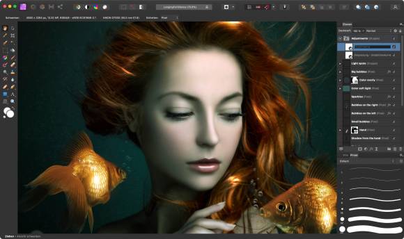 Der Screenshot zeigt das Porträt einer Frau in Affinity Photo, umrandet von Werkzeugen