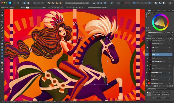 Der Screenshot zeigt die Illustration einer Frau, die auf einem Karussellpferd reitet, umgeben von den Werkzeugen von Affinity Designer