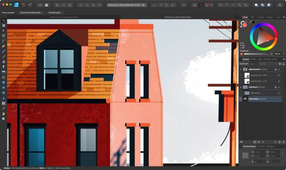 Der Screenshot zeigt eine Hausfassade in Affinity Designer, die unregelmässige Strukturen in der Farbe aufweist