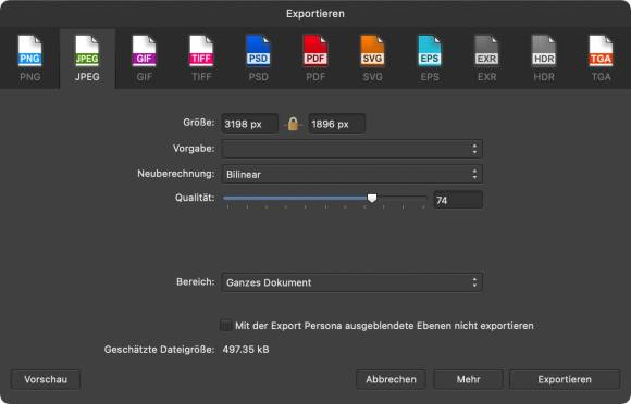 Der Screenshot zeigt den Dialog für den Export von Dateien; unterstützt werden 11 Bildformate