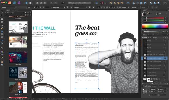 Der Screenshot zeigt Affinity Publisher, mit dem ein modernes Seitenlayout erstellt wird